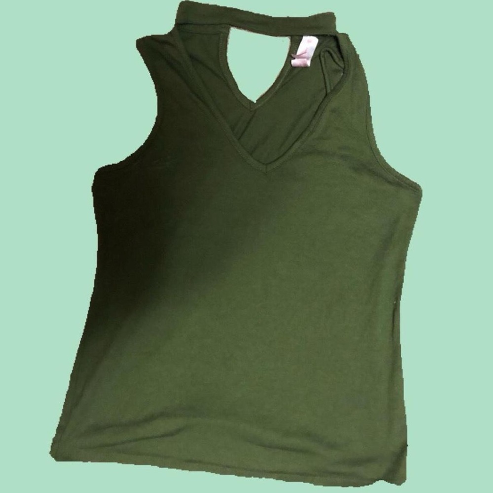 Olive green tank top with choker neck cutout v-neck